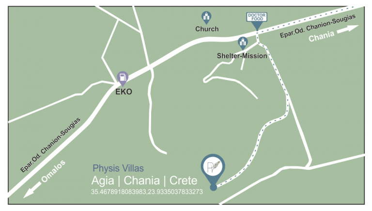 Map showing Physis Villas in Agia, Chania, Crete