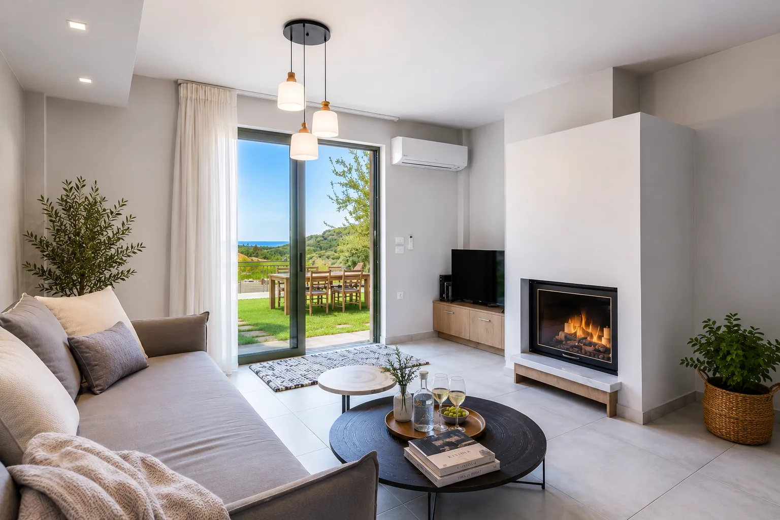 Living room with fireplace and garden view at Villa Erato, Physis Villas Chania