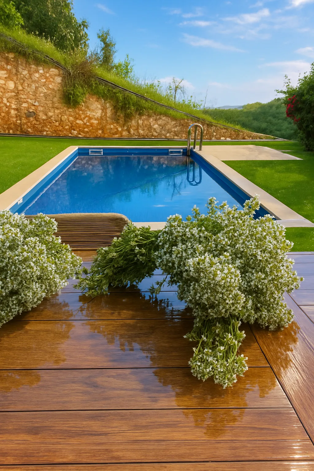 Private pool framed by white flowers at Villa Erato, Physis Villas Chania