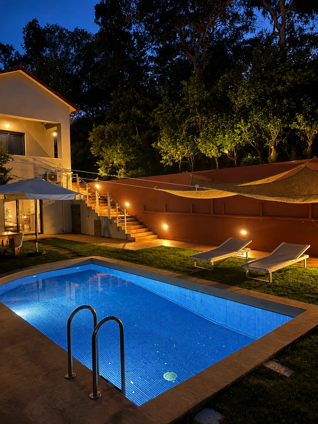Villa Erato private pool illuminated at night, Physis Villas Chania