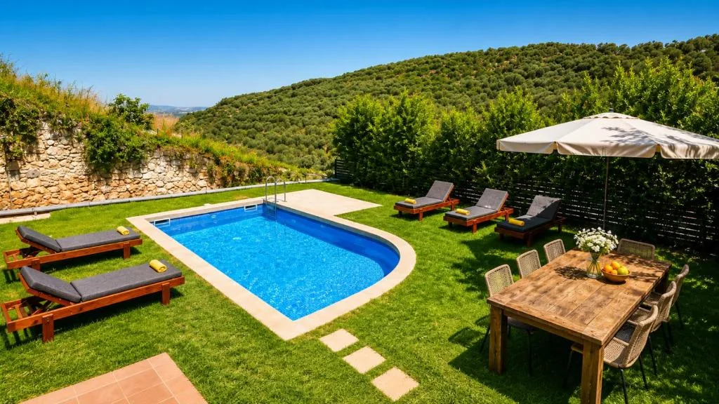 Private pool with outdoor dining table and sun loungers at Villa Erato, Physis Villas Chania