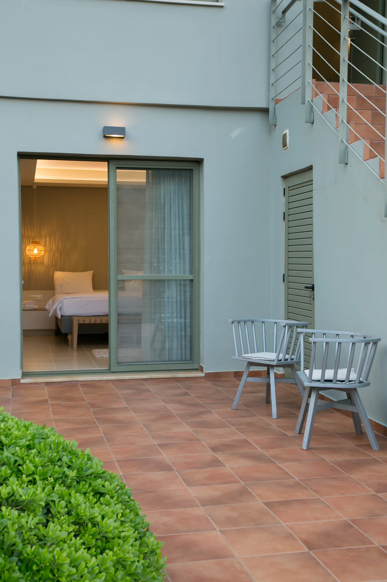 Bedroom opening onto the terrace at Villa Thalia, Physis Villas Chania